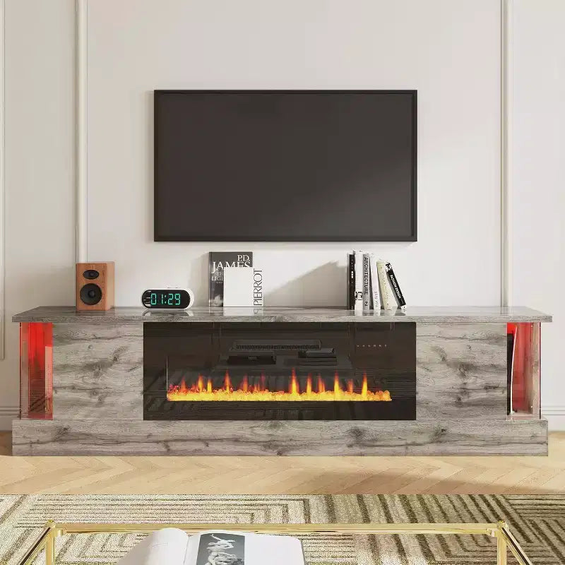 Meuble TV AMERLIFE avec 70 lumières LED, portes abattantes et décoration d'angle en verre