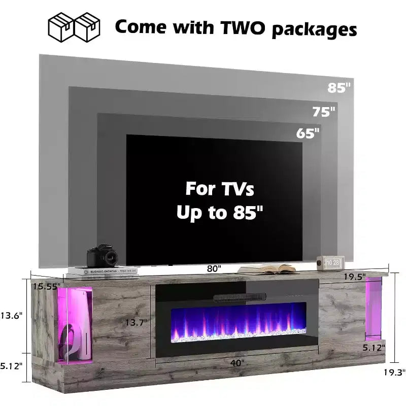 Meuble TV AMERLIFE avec 70 lumières LED, portes abattantes et décoration d'angle en verre