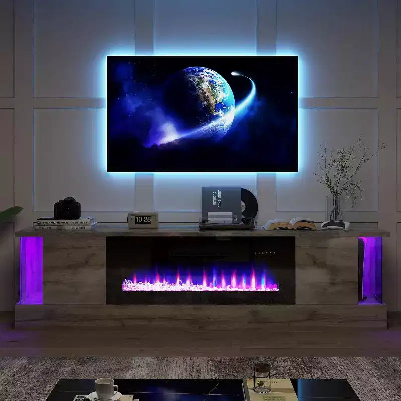 Meuble TV AMERLIFE avec 70 lumières LED, portes abattantes et décoration d'angle en verre