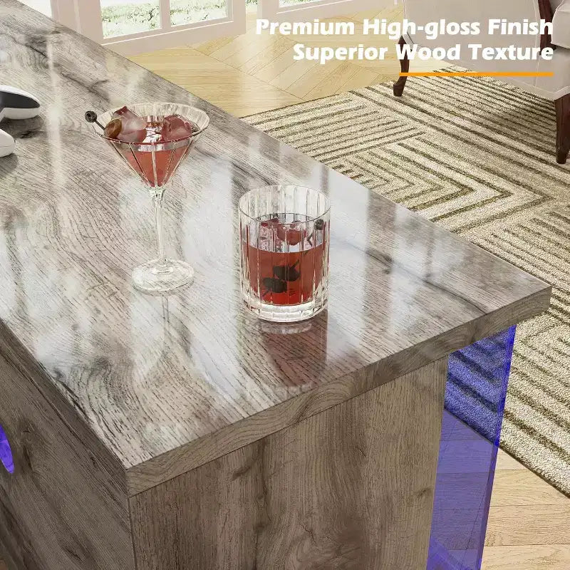 Meuble TV AMERLIFE avec 70 lumières LED, portes abattantes et décoration d'angle en verre