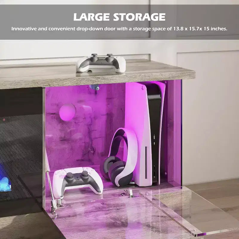 Meuble TV AMERLIFE avec 70 lumières LED, portes abattantes et décoration d'angle en verre