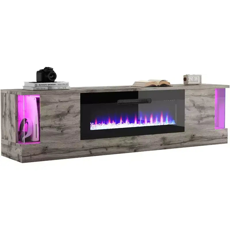 Meuble TV AMERLIFE avec 70 lumières LED, portes abattantes et décoration d'angle en verre