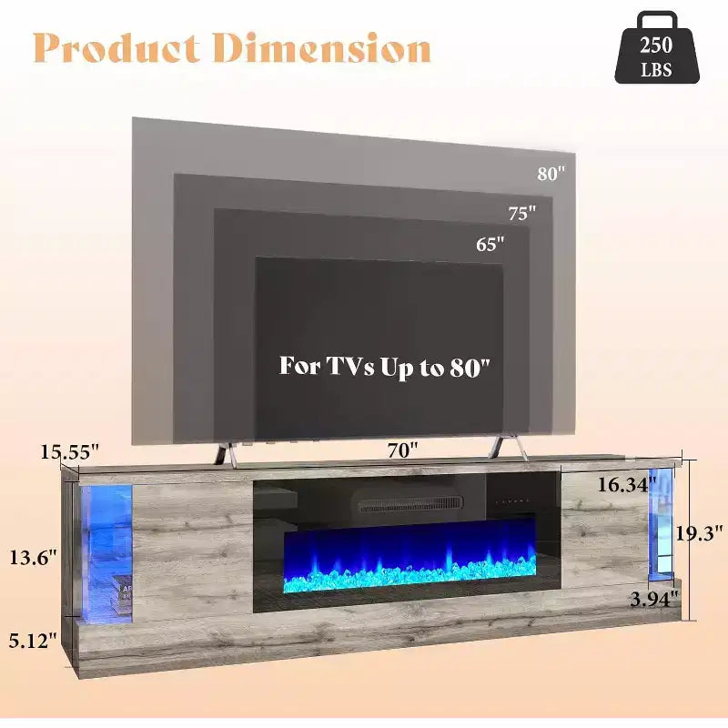 Meuble TV AMERLIFE avec 70 lumières LED, portes abattantes et décoration d'angle en verre