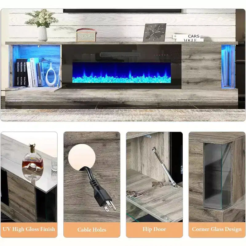 Meuble TV AMERLIFE avec 70 lumières LED, portes abattantes et décoration d'angle en verre