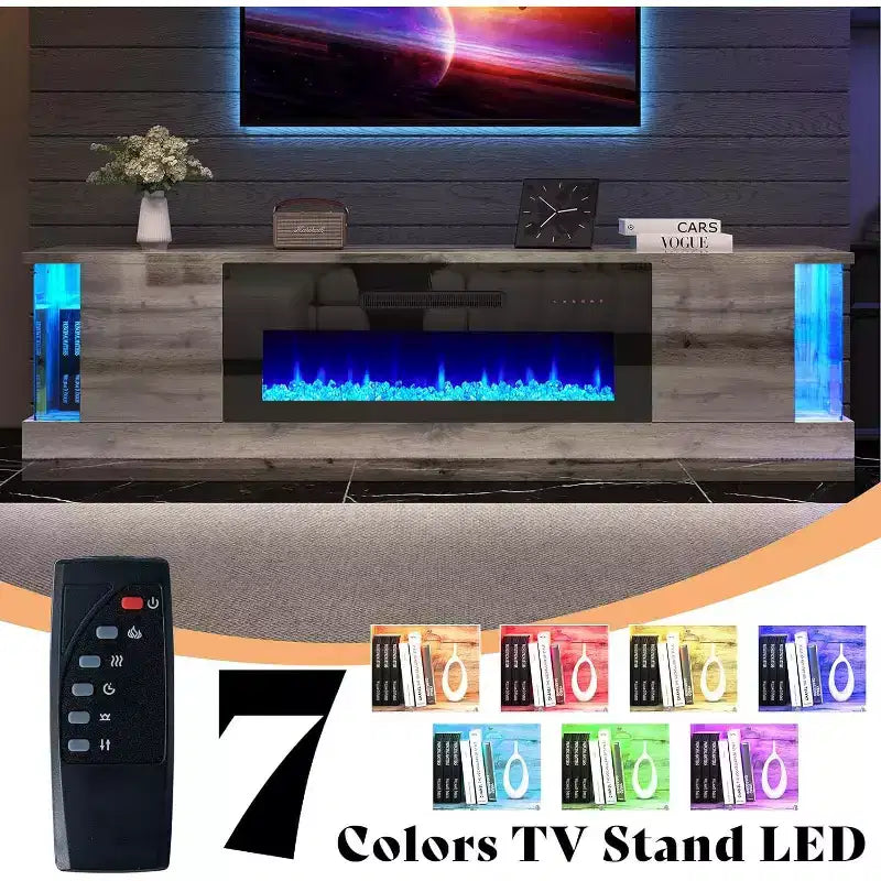 Meuble TV AMERLIFE avec 70 lumières LED, portes abattantes et décoration d'angle en verre