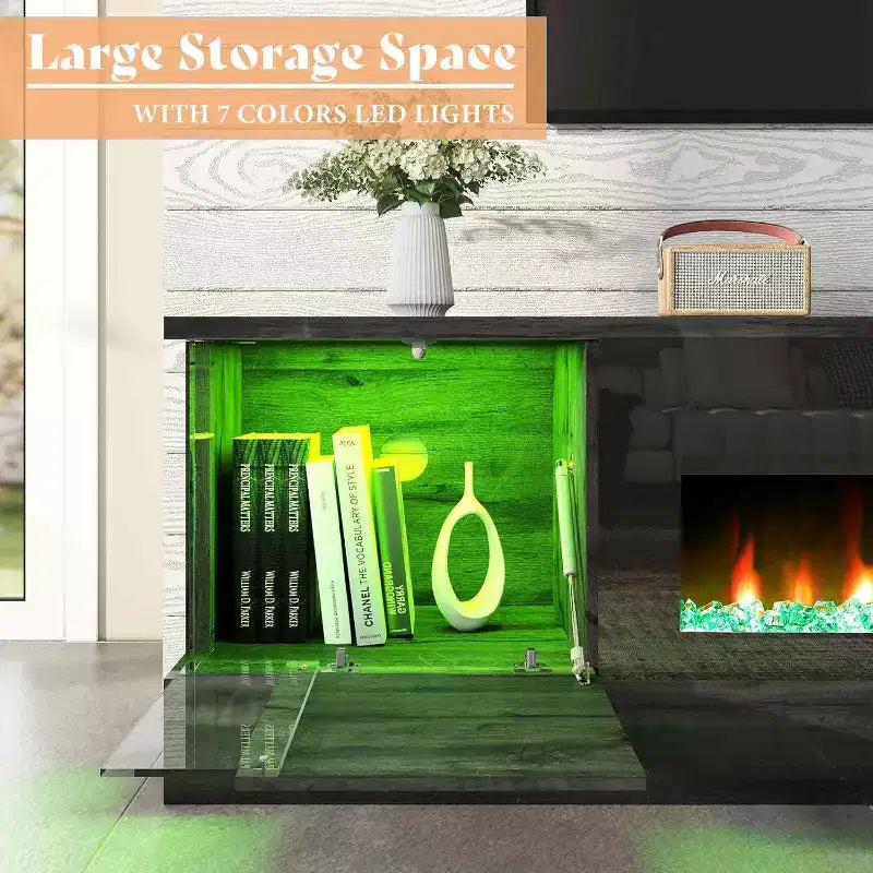 Meuble TV AMERLIFE avec 70 lumières LED, portes abattantes et décoration d'angle en verre