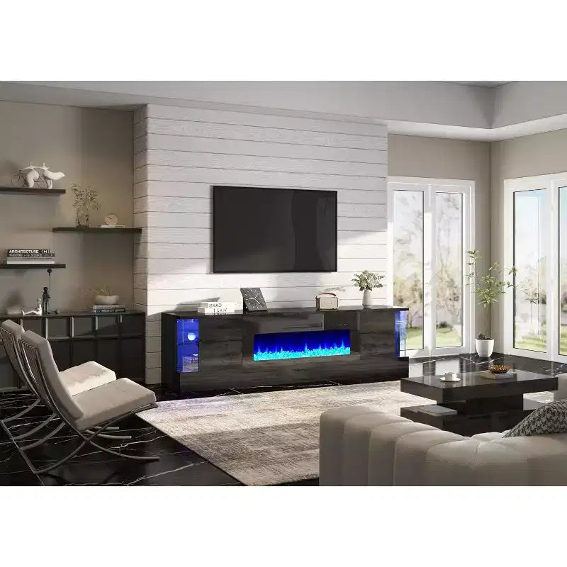 Meuble TV AMERLIFE avec 70 lumières LED, portes abattantes et décoration d'angle en verre