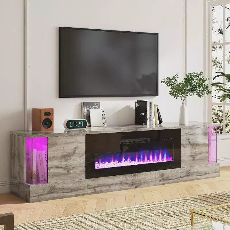 Meuble TV AMERLIFE avec 70 lumières LED, portes abattantes et décoration d'angle en verre