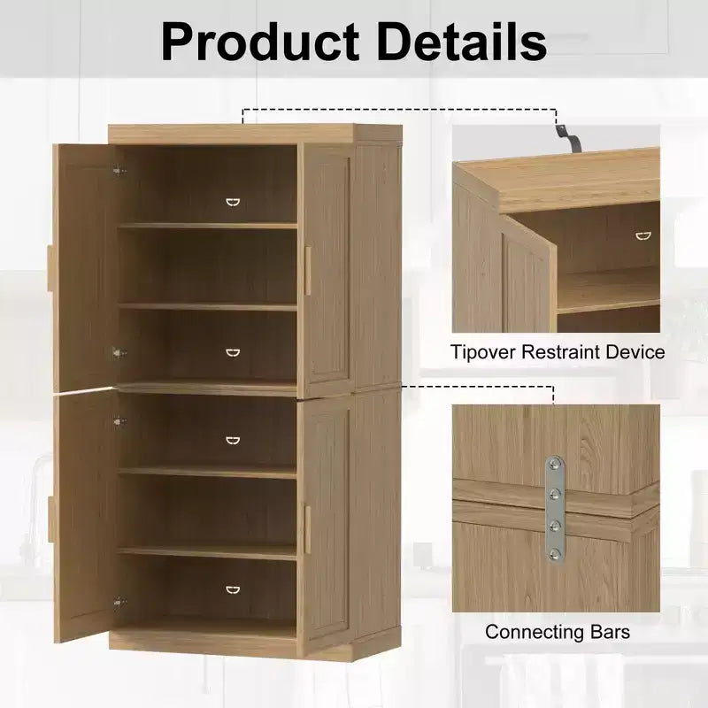 Armoire d'appoint en bois 72x31x16 de couleur naturelle, meuble de rangement avec étagères réglables pour cuisine, chambre à coucher, entrée, salon, salle à manger