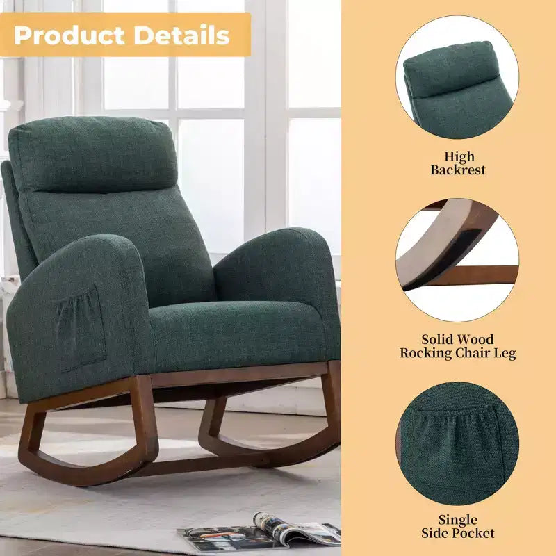 Fauteuil à bascule Okak en tissu avec pieds en bois et poche latérale, fauteuil de salon confortable pour le salon, la chambre