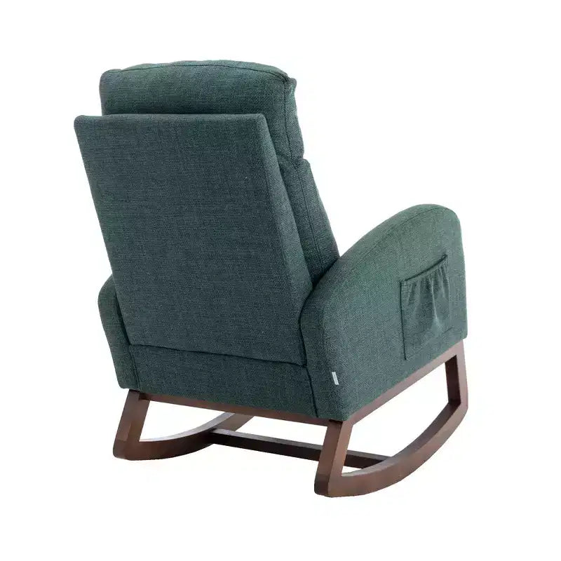 Fauteuil à bascule Okak en tissu avec pieds en bois et poche latérale, fauteuil de salon confortable pour le salon, la chambre