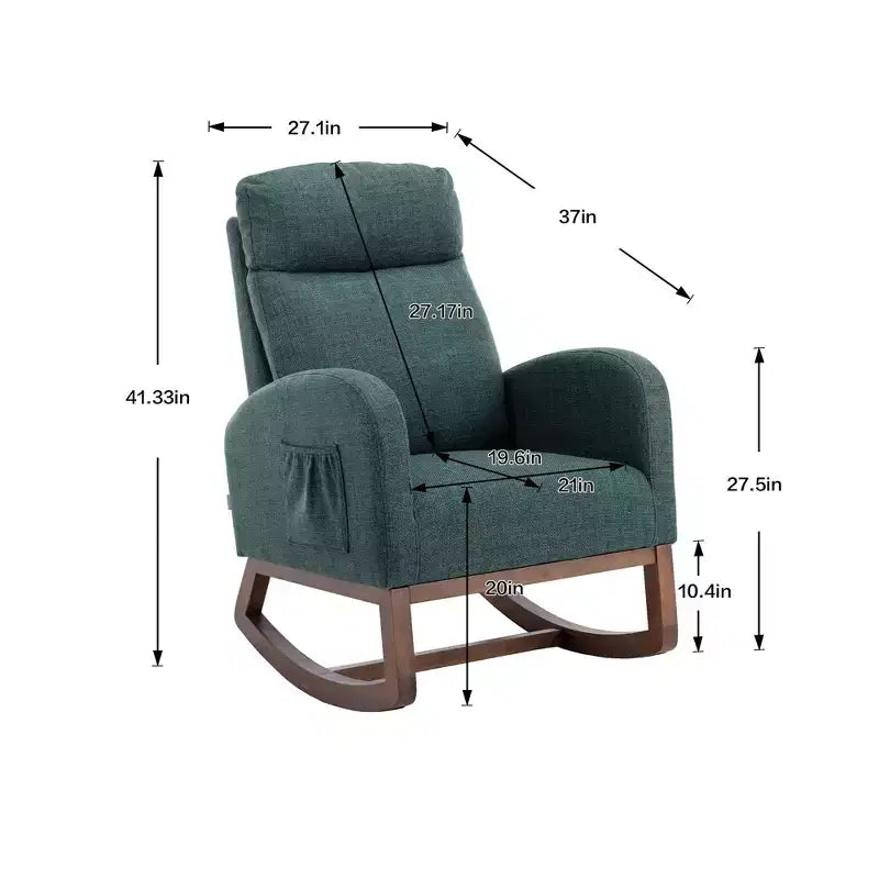 Fauteuil à bascule Okak en tissu avec pieds en bois et poche latérale, fauteuil de salon confortable pour le salon, la chambre