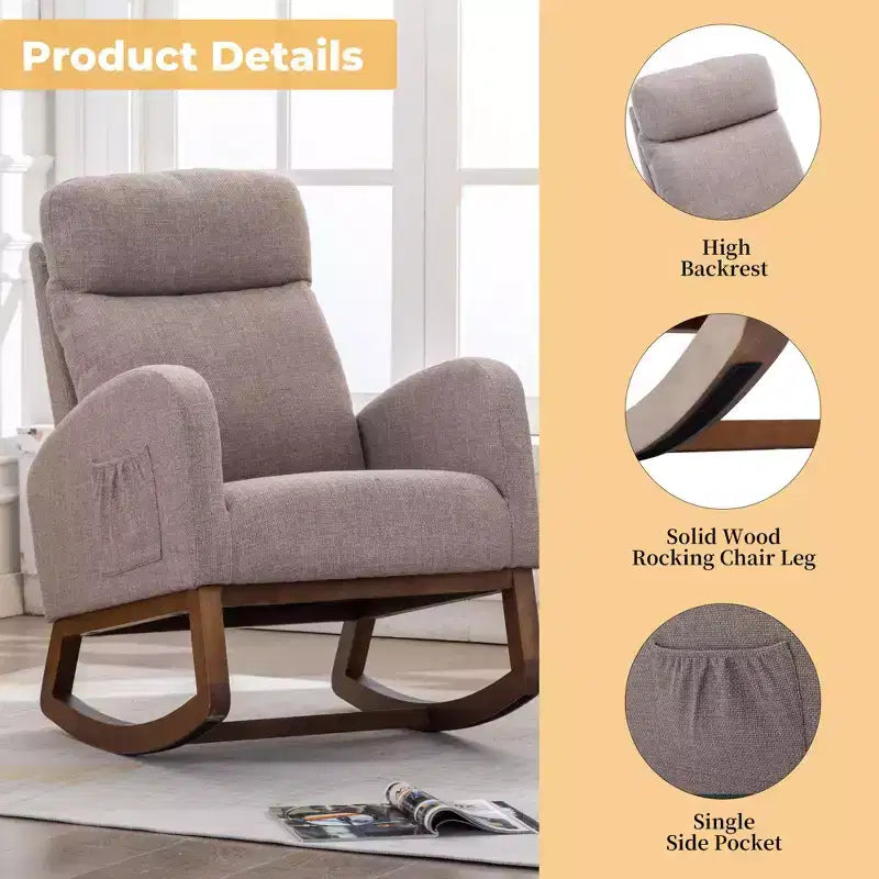 Fauteuil à bascule Okak en tissu avec pieds en bois et poche latérale, fauteuil de salon confortable pour le salon, la chambre