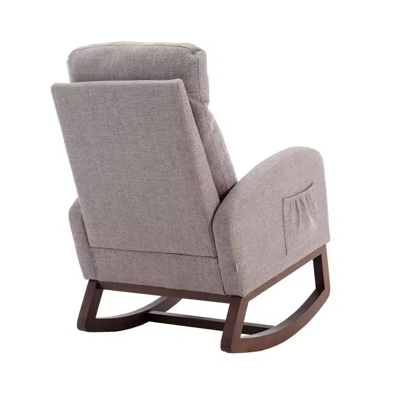 Fauteuil à bascule Okak en tissu avec pieds en bois et poche latérale, fauteuil de salon confortable pour le salon, la chambre