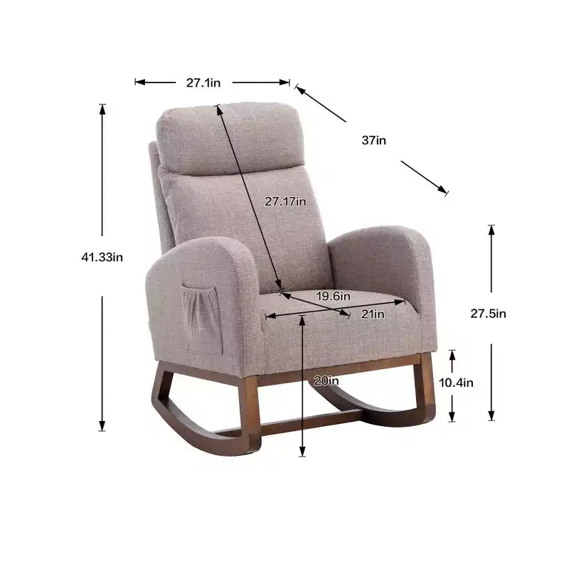 Fauteuil à bascule Okak en tissu avec pieds en bois et poche latérale, fauteuil de salon confortable pour le salon, la chambre