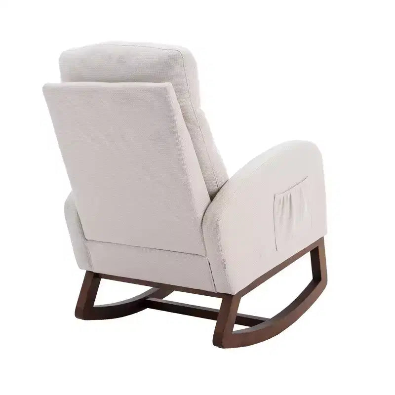 Fauteuil à bascule Okak en tissu avec pieds en bois et poche latérale, fauteuil de salon confortable pour le salon, la chambre