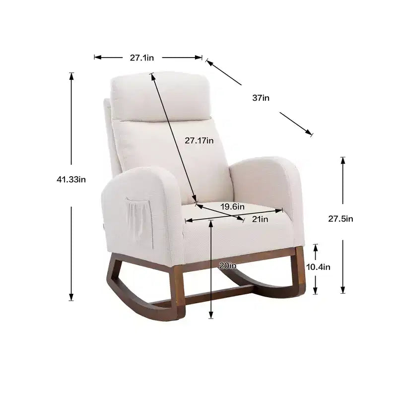 Fauteuil à bascule Okak en tissu avec pieds en bois et poche latérale, fauteuil de salon confortable pour le salon, la chambre
