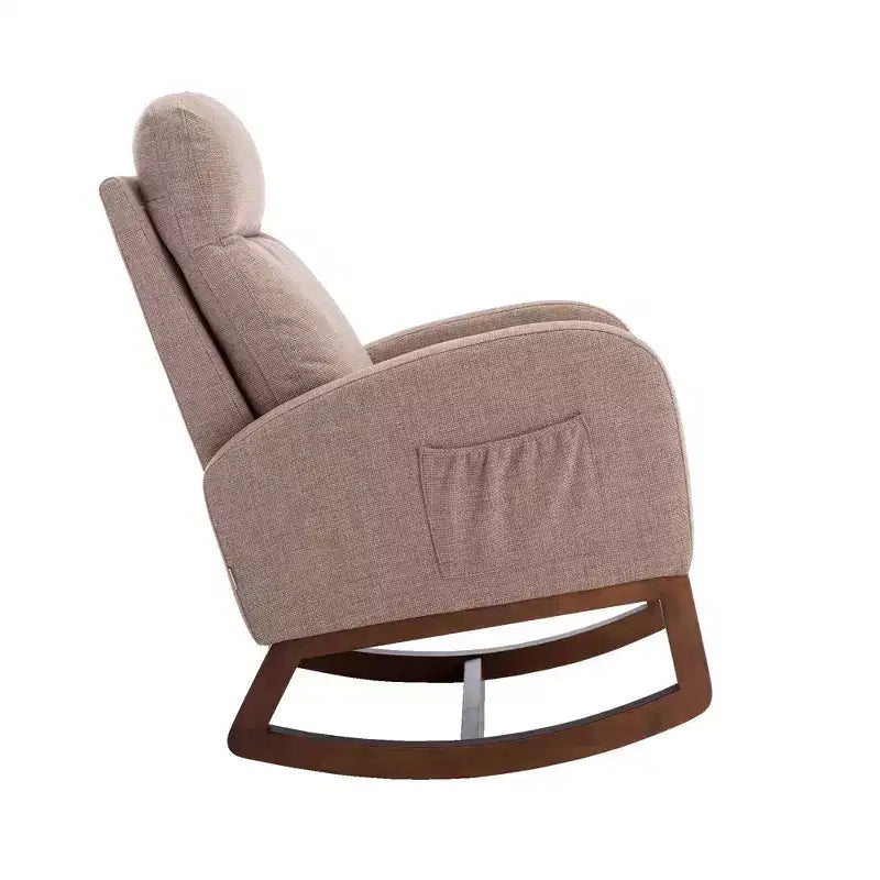 Fauteuil à bascule Okak en tissu avec pieds en bois et poche latérale, fauteuil de salon confortable pour le salon, la chambre