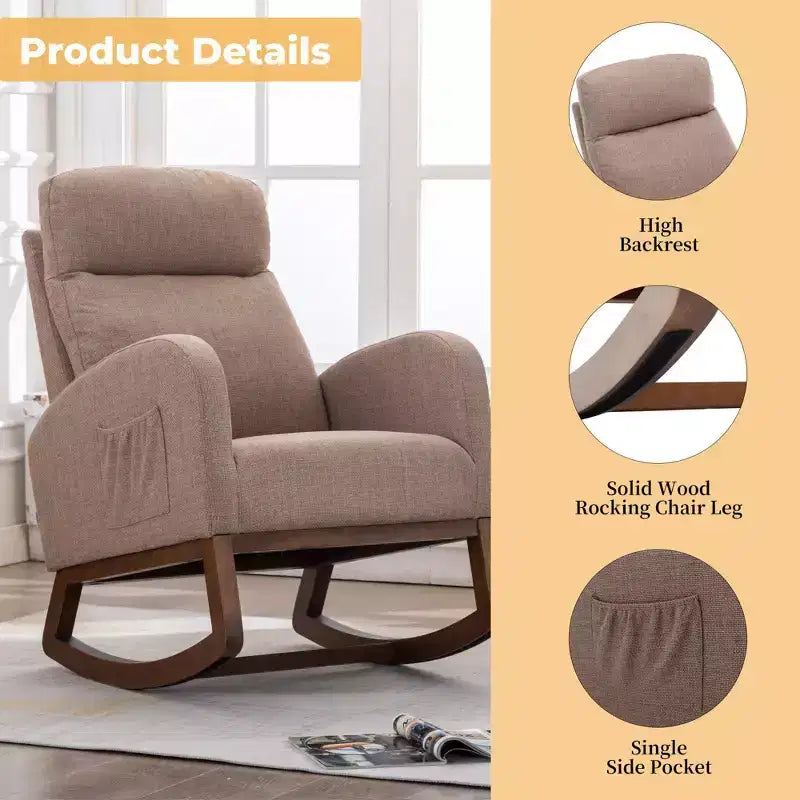 Fauteuil à bascule Okak en tissu avec pieds en bois et poche latérale, fauteuil de salon confortable pour le salon, la chambre