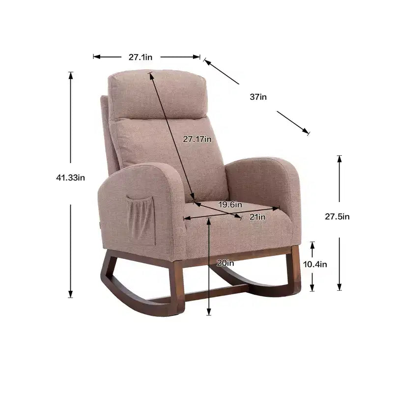 Fauteuil à bascule Okak en tissu avec pieds en bois et poche latérale, fauteuil de salon confortable pour le salon, la chambre