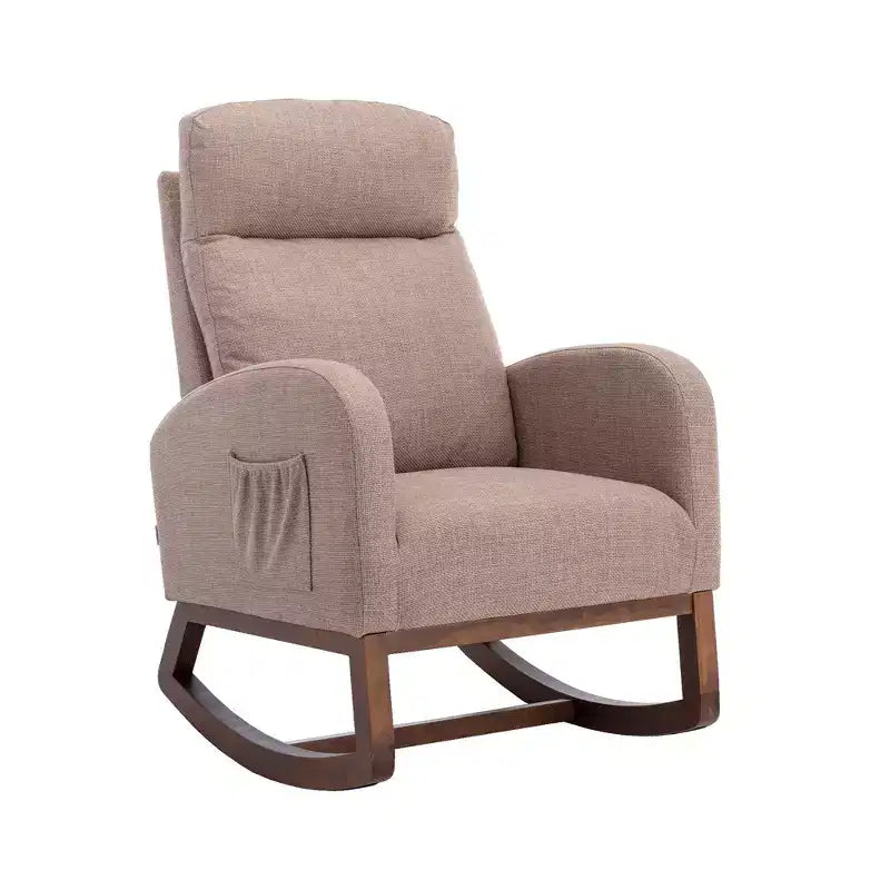 Fauteuil à bascule Okak en tissu avec pieds en bois et poche latérale, fauteuil de salon confortable pour le salon, la chambre
