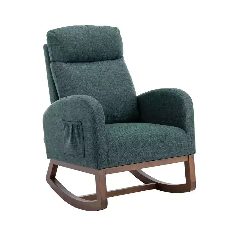 Fauteuil à bascule Okak en tissu avec pieds en bois et poche latérale, fauteuil de salon confortable pour le salon, la chambre