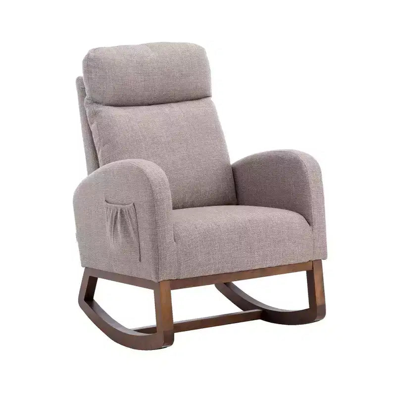 Fauteuil à bascule Okak en tissu avec pieds en bois et poche latérale, fauteuil de salon confortable pour le salon, la chambre