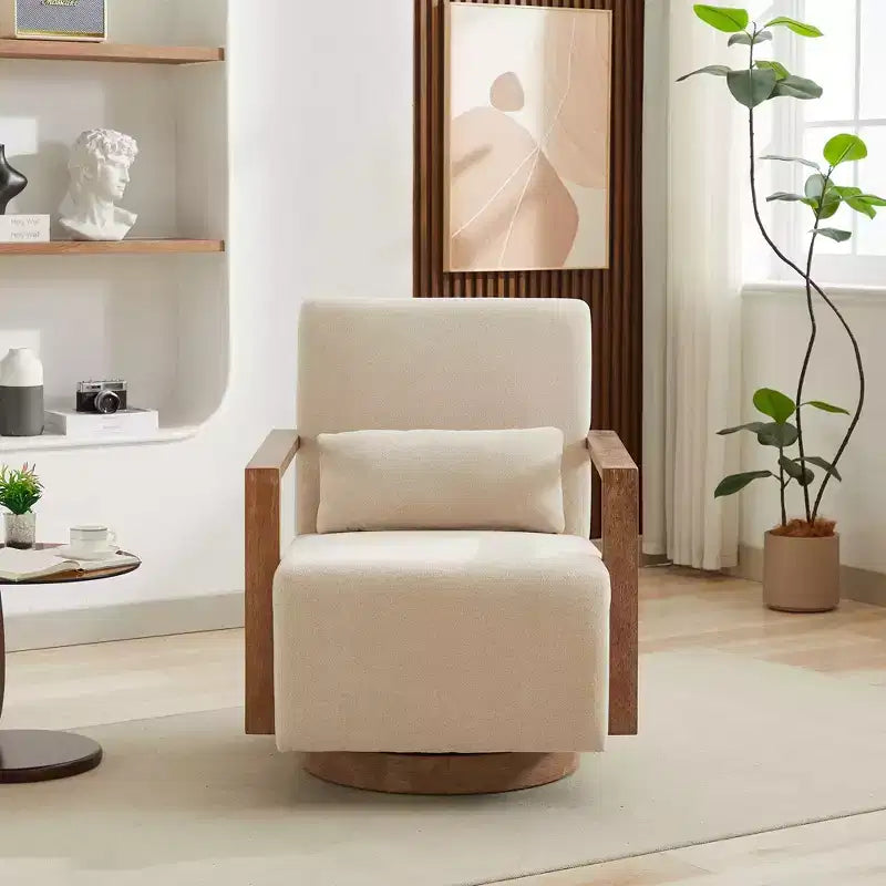 Fauteuils d'appoint pivotants modernes Okak pour chambre, fauteuil rembourré de 77 cm de large avec accoudoirs en bois massif et fauteuil de lecture confortable pivotant à 360 degrés.