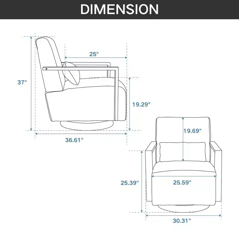 Fauteuils d'appoint pivotants modernes Okak pour chambre, fauteuil rembourré de 77 cm de large avec accoudoirs en bois massif et fauteuil de lecture confortable pivotant à 360 degrés.