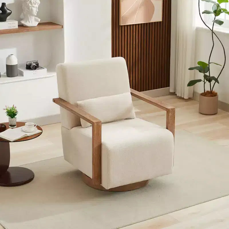 Fauteuils d'appoint pivotants modernes Okak pour chambre, fauteuil rembourré de 77 cm de large avec accoudoirs en bois massif et fauteuil de lecture confortable pivotant à 360 degrés.