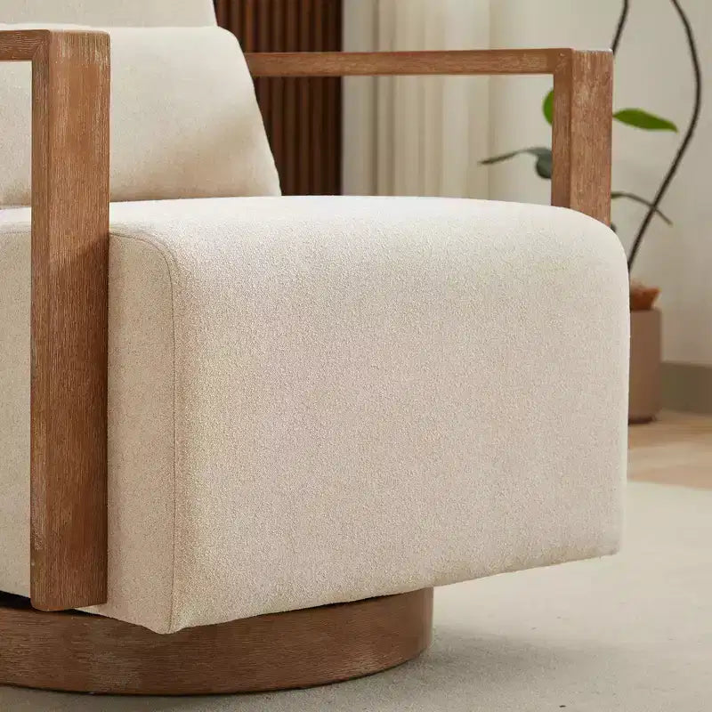 Fauteuils d'appoint pivotants modernes Okak pour chambre, fauteuil rembourré de 77 cm de large avec accoudoirs en bois massif et fauteuil de lecture confortable pivotant à 360 degrés.