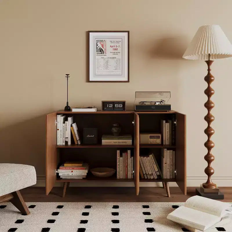 GDFStudio Hobson Meuble de Rangement Décoratif Moderne 47 avec Portes et Étagères en Rotin et Bois Massif