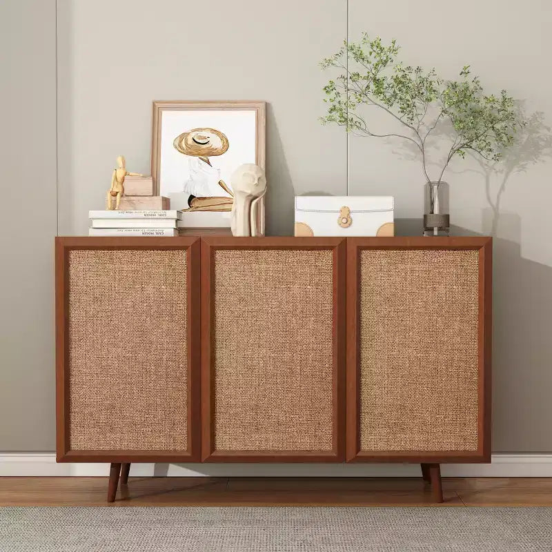 GDFStudio Hobson Meuble de Rangement Décoratif Moderne 47 avec Portes et Étagères en Rotin et Bois Massif