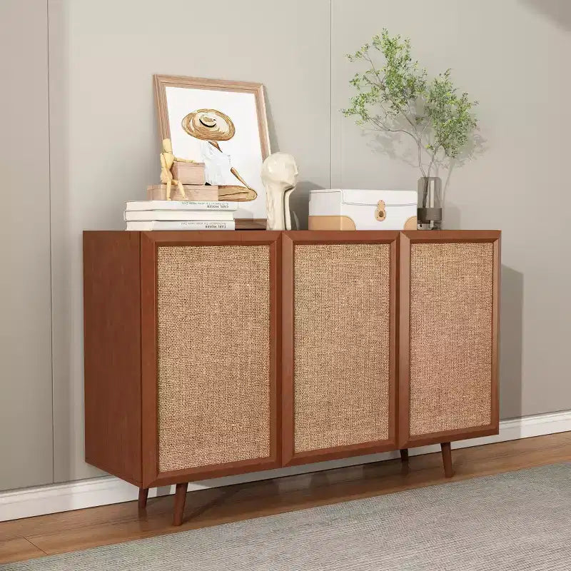 GDFStudio Hobson Meuble de Rangement Décoratif Moderne 47 avec Portes et Étagères en Rotin et Bois Massif