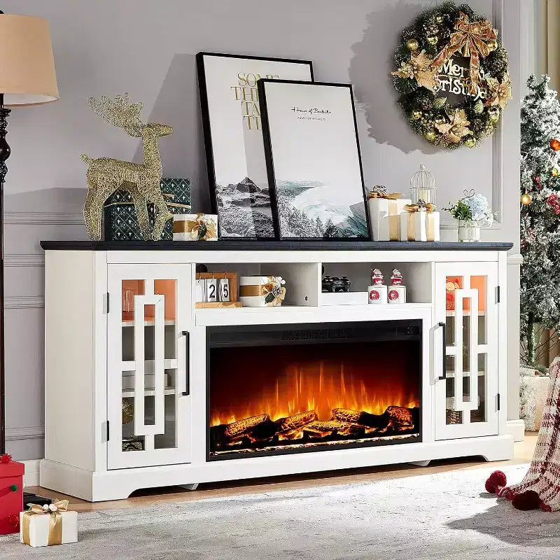 AMERLIFE Farmhouse Fireplace TV Stand with 36in Electric Fireplace for TVs Up to 80, Distressed White