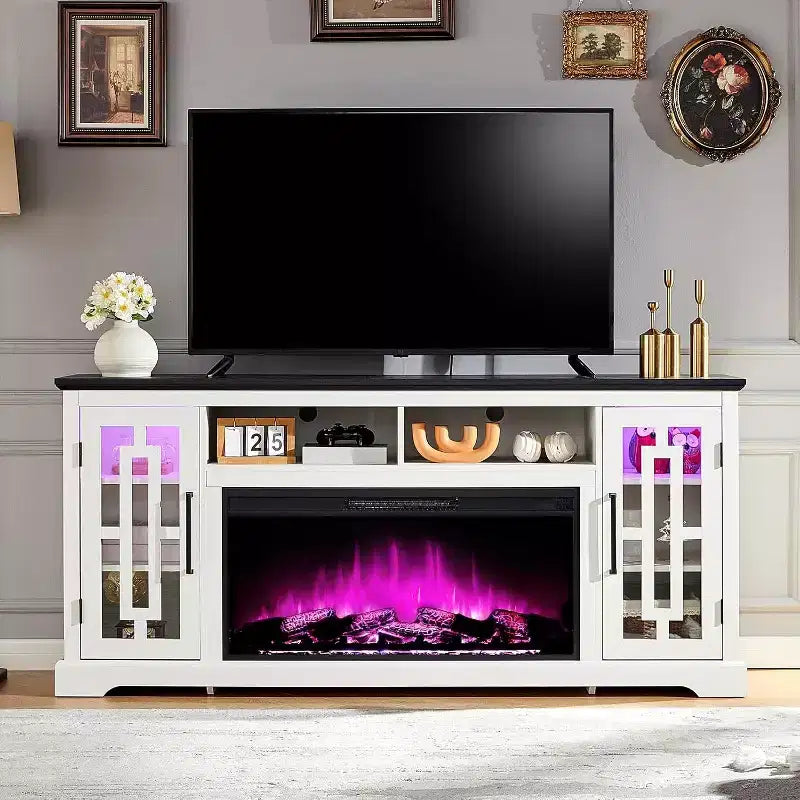 Meuble TV de cheminée de ferme AMERLIFE avec cheminée électrique de 36 pouces pour téléviseurs jusqu'à 80 pouces, blanc vieilli