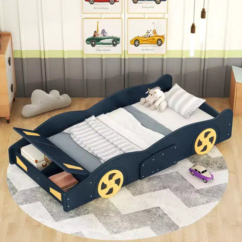 Okak Twin Size Bed Frame, Twin Race Car-Shaped Platform Bed with Wheels and Storage for Bedroom, Dark Blue+Yellow