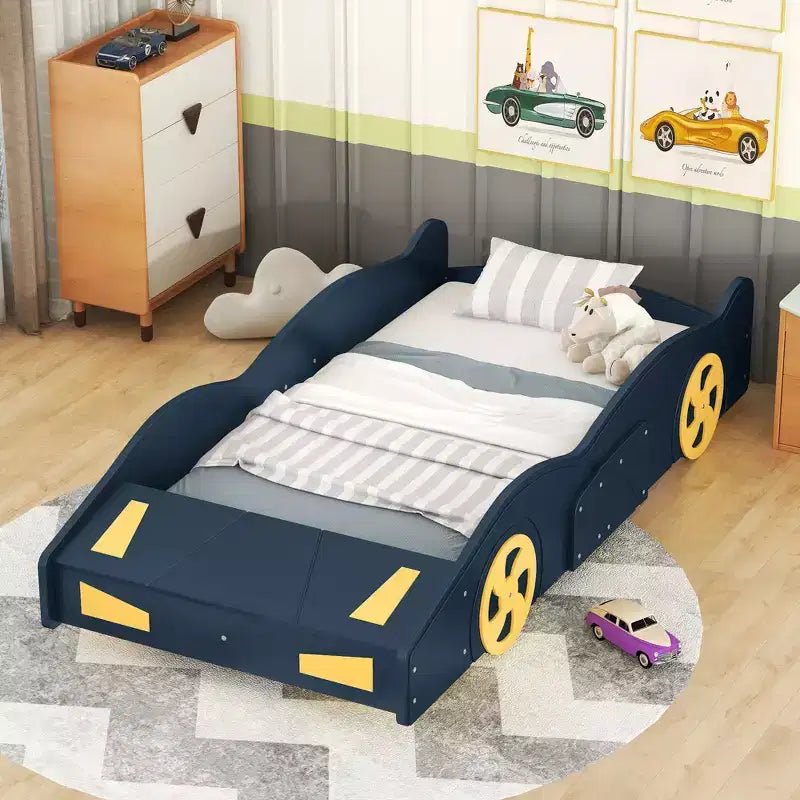 Cadre de lit double Okak, lit plateforme en forme de voiture de course avec roulettes et rangement pour chambre à coucher, bleu foncé + jaune