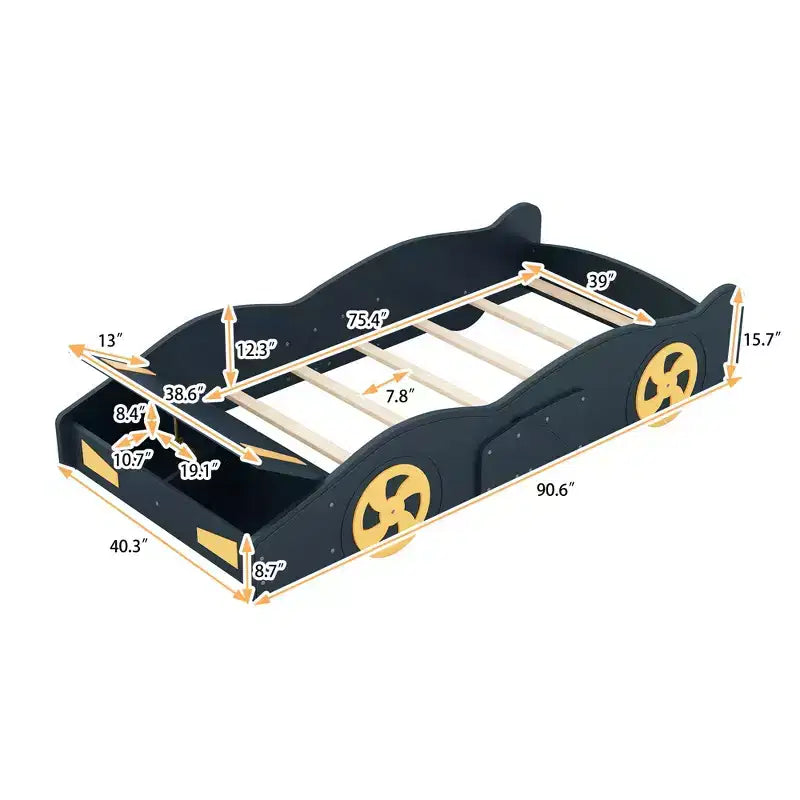 Cadre de lit double Okak, lit plateforme en forme de voiture de course avec roulettes et rangement pour chambre à coucher, bleu foncé + jaune