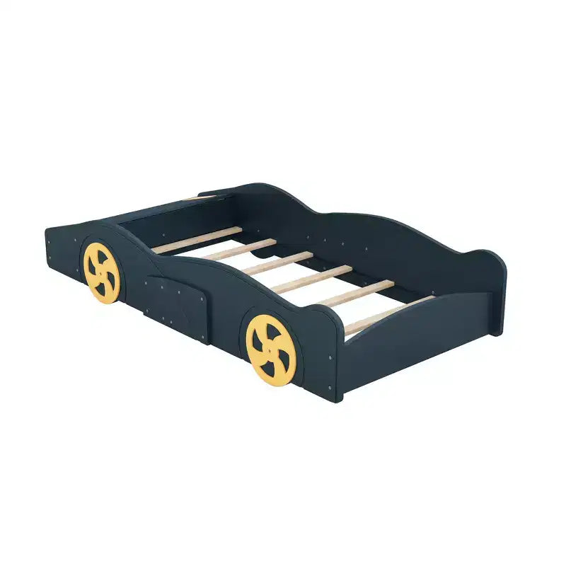 Cadre de lit double Okak, lit plateforme en forme de voiture de course avec roulettes et rangement pour chambre à coucher, bleu foncé + jaune