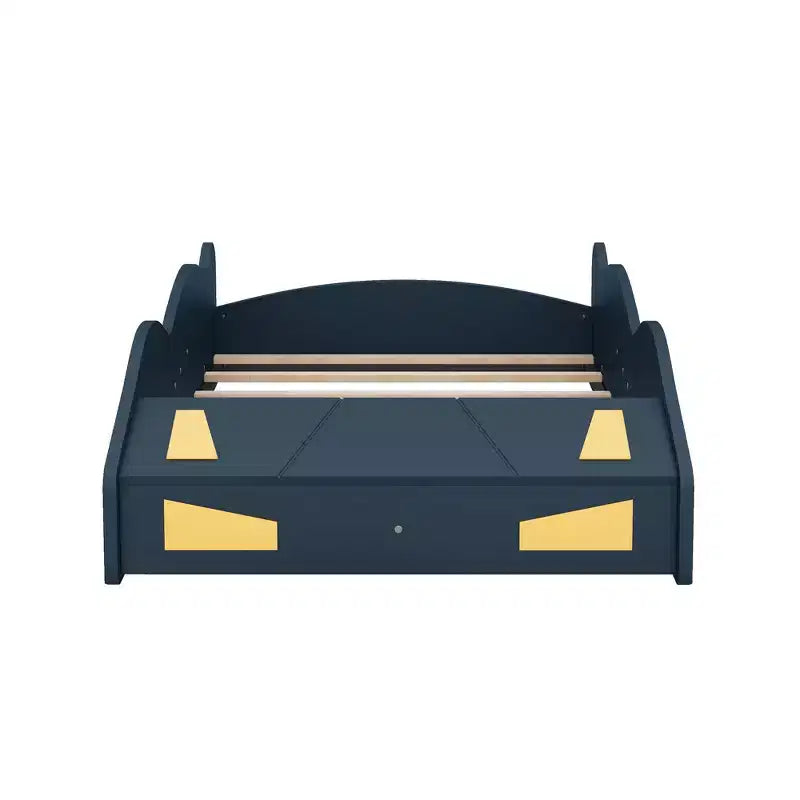 Cadre de lit double Okak, lit plateforme en forme de voiture de course avec roulettes et rangement pour chambre à coucher, bleu foncé + jaune