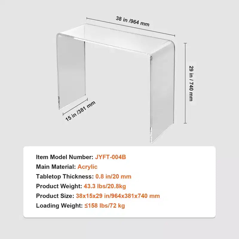 VEVOR Table Console en Acrylique, Table d'appoint en Acrylique Transparent, Table Basse en Acrylique Transparent 96,4 x 38,1 x 74 cm, pour Hall d'entrée, Salon, Salle à manger