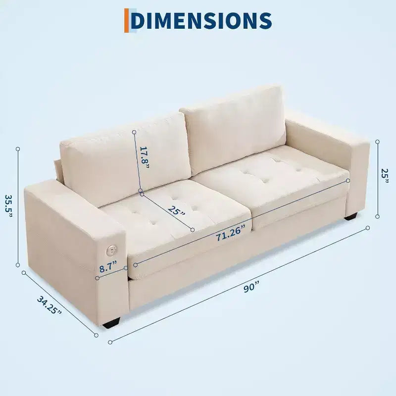 Canapé Causeuse 90 avec Ports de Charge USB/Type-C, Housses Amovibles et Cadre en Bois pour Petits Espaces