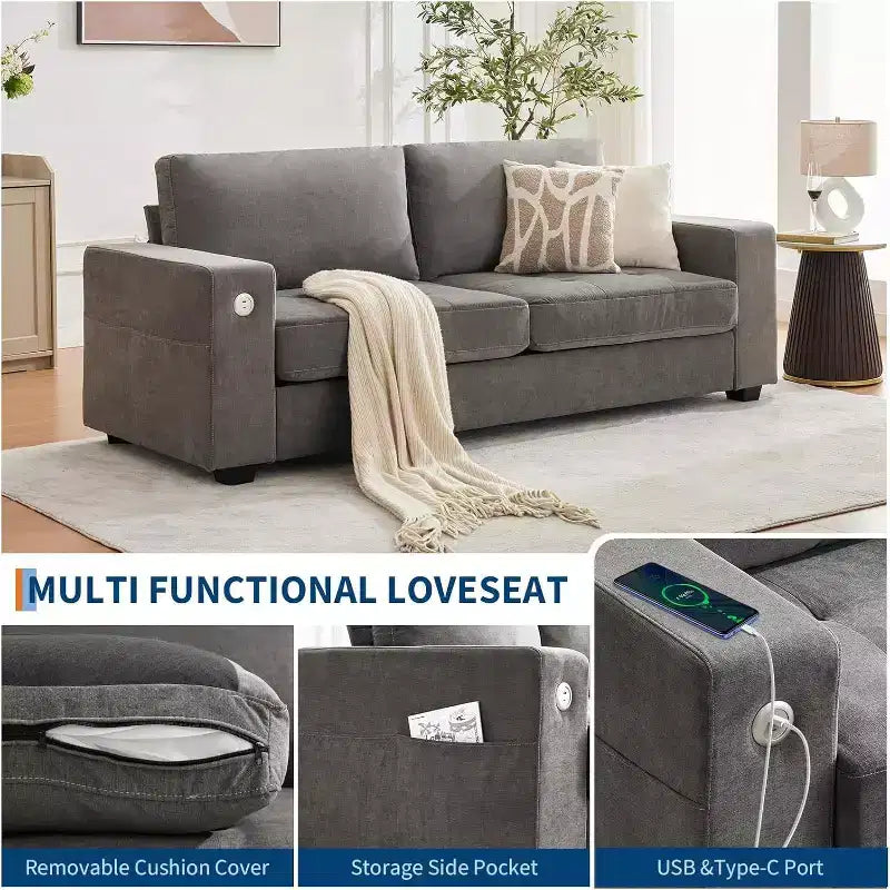 Canapé Causeuse 90 avec Ports de Charge USB/Type-C, Housses Amovibles et Cadre en Bois pour Petits Espaces