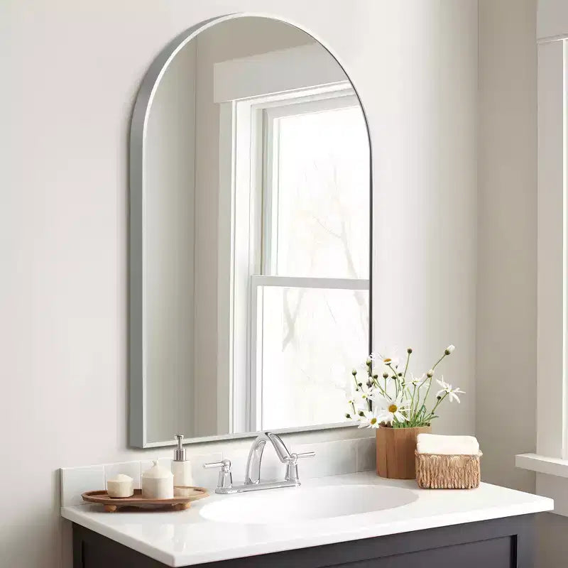 36x24 Arched Bathroom Mirror with Aluminum Alloy Metal Frame, HD Wall Mounted Hanging Vanity Mirror for Bedroom Living Room Entryway, Silver