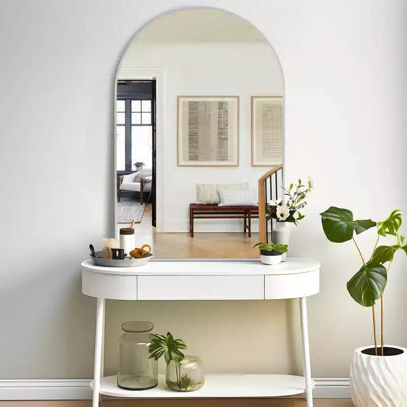 Miroir de salle de bain arqué 36x24 avec cadre en alliage d'aluminium, miroir mural HD à suspendre pour chambre à coucher, salon, entrée, argent