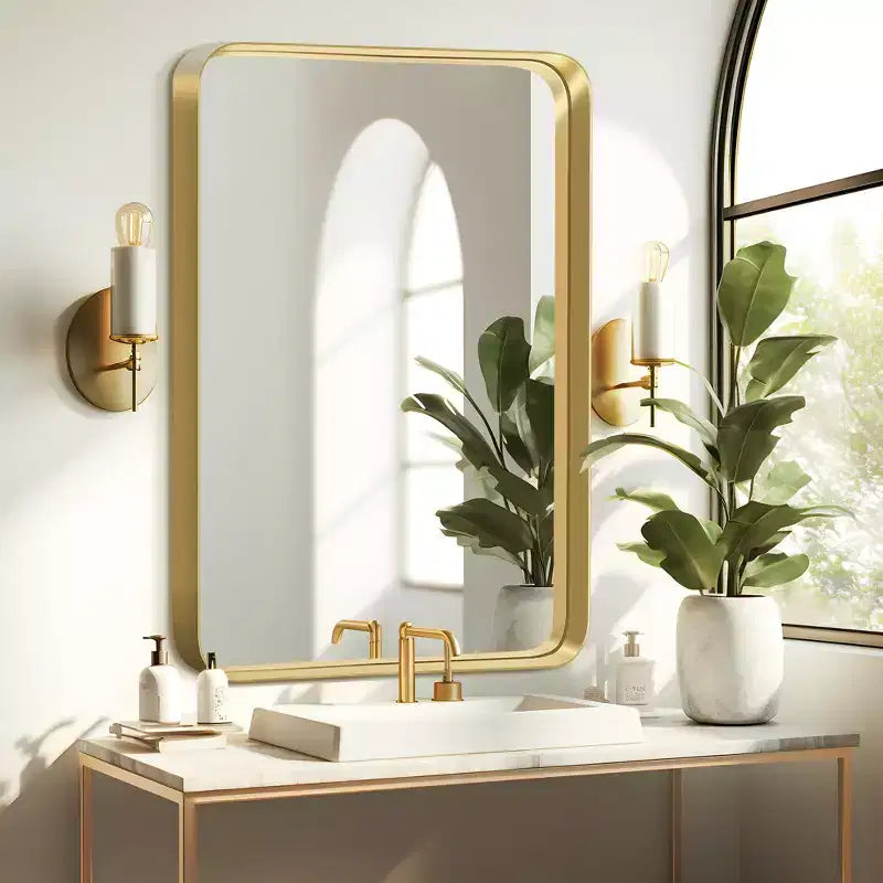 38x26 Rectangle Bathroom Mirror with Aluminum Alloy Frame, Wall Mounted Vanity Mirror for Bedroom Living Room Entryway, Gold