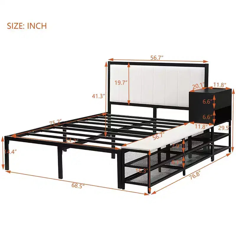 Cadre de lit double Okak avec étagères de rangement à deux niveaux, lit plateforme en métal double avec armoire de rangement en bois pour chambre à coucher, salon, noir