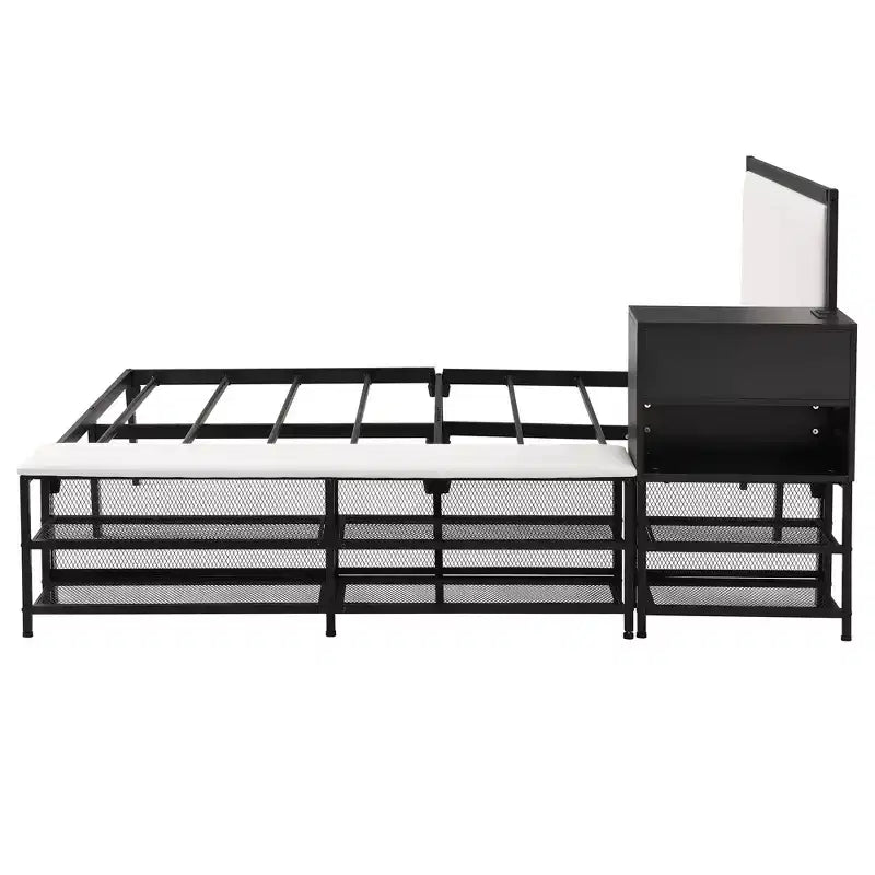 Cadre de lit double Okak avec étagères de rangement à deux niveaux, lit plateforme en métal double avec armoire de rangement en bois pour chambre à coucher, salon, noir