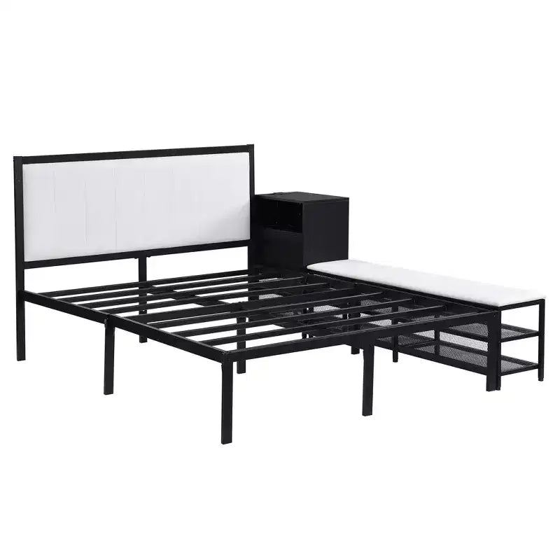 Cadre de lit double Okak avec étagères de rangement à deux niveaux, lit plateforme en métal double avec armoire de rangement en bois pour chambre à coucher, salon, noir